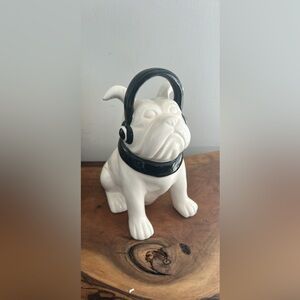 Ceramic White Bulldog Figurine with Black Headphones Home Decor 9”h